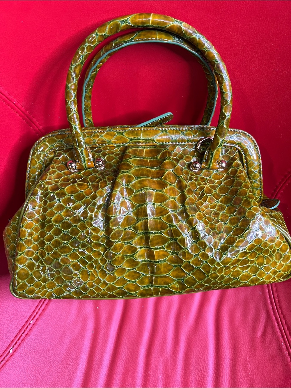 MCM Olive Green Croc-Embossed Patent Satchel